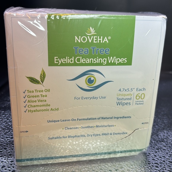 NIB/Sealed NOVEHA 60CT Tea Tree Oil Eyelid & Lash Wipes W/Hyaluronic Acid Green - Picture 1 of 3